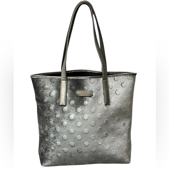 Kate Spade Large Tote Bag Smoke Gray Silver Neoprene Velvet Polka Dot Textured - Picture 1 of 16